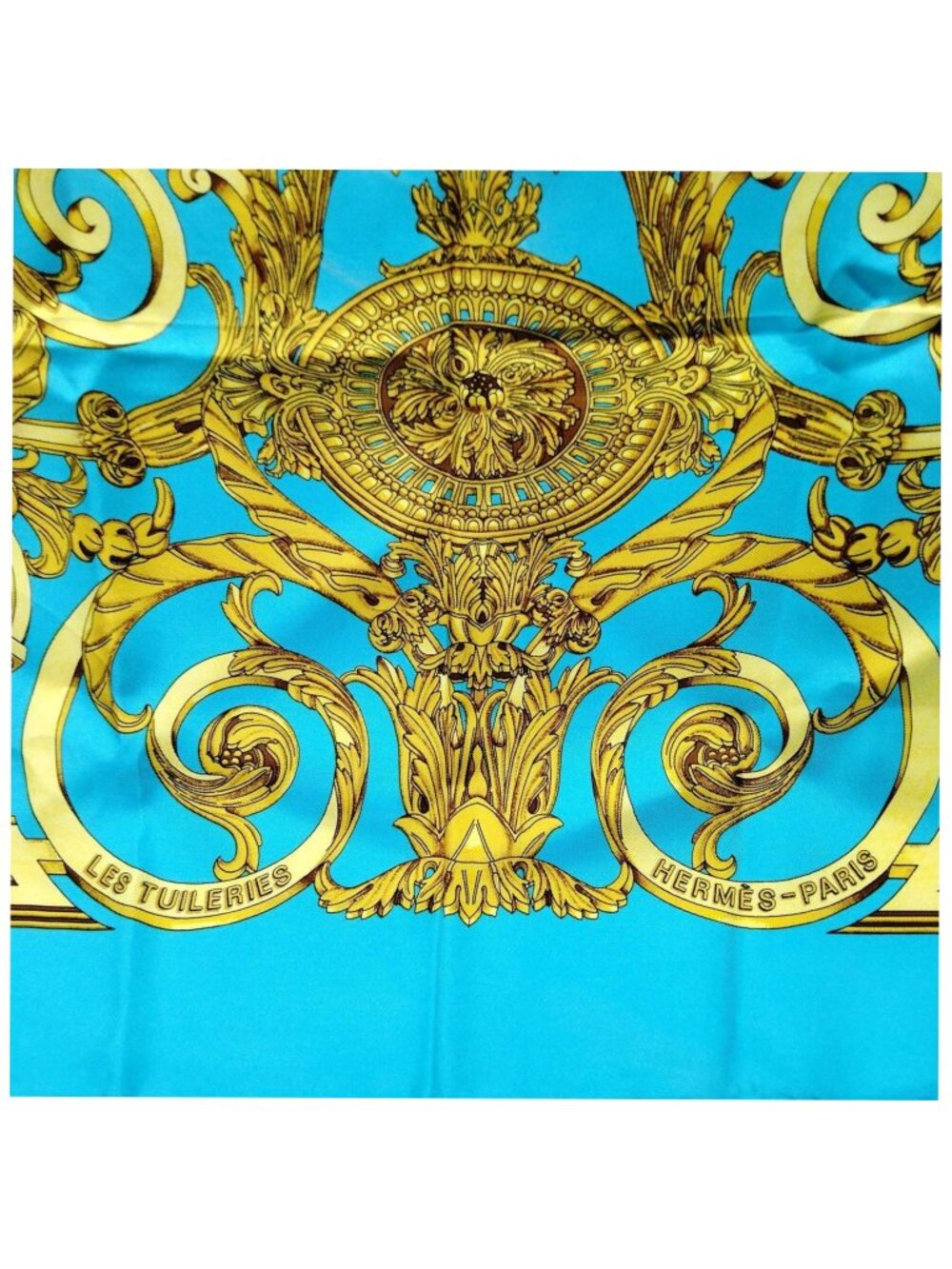 Authentic Hermès Les Tuileries Carré 90 Silk Scarf Blue Gold - Picture 6 of 10